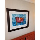 Framed art work titled Diver Rouge VIII signed in glazed walnut coloured frame 90 x 77cm (Room 4C)