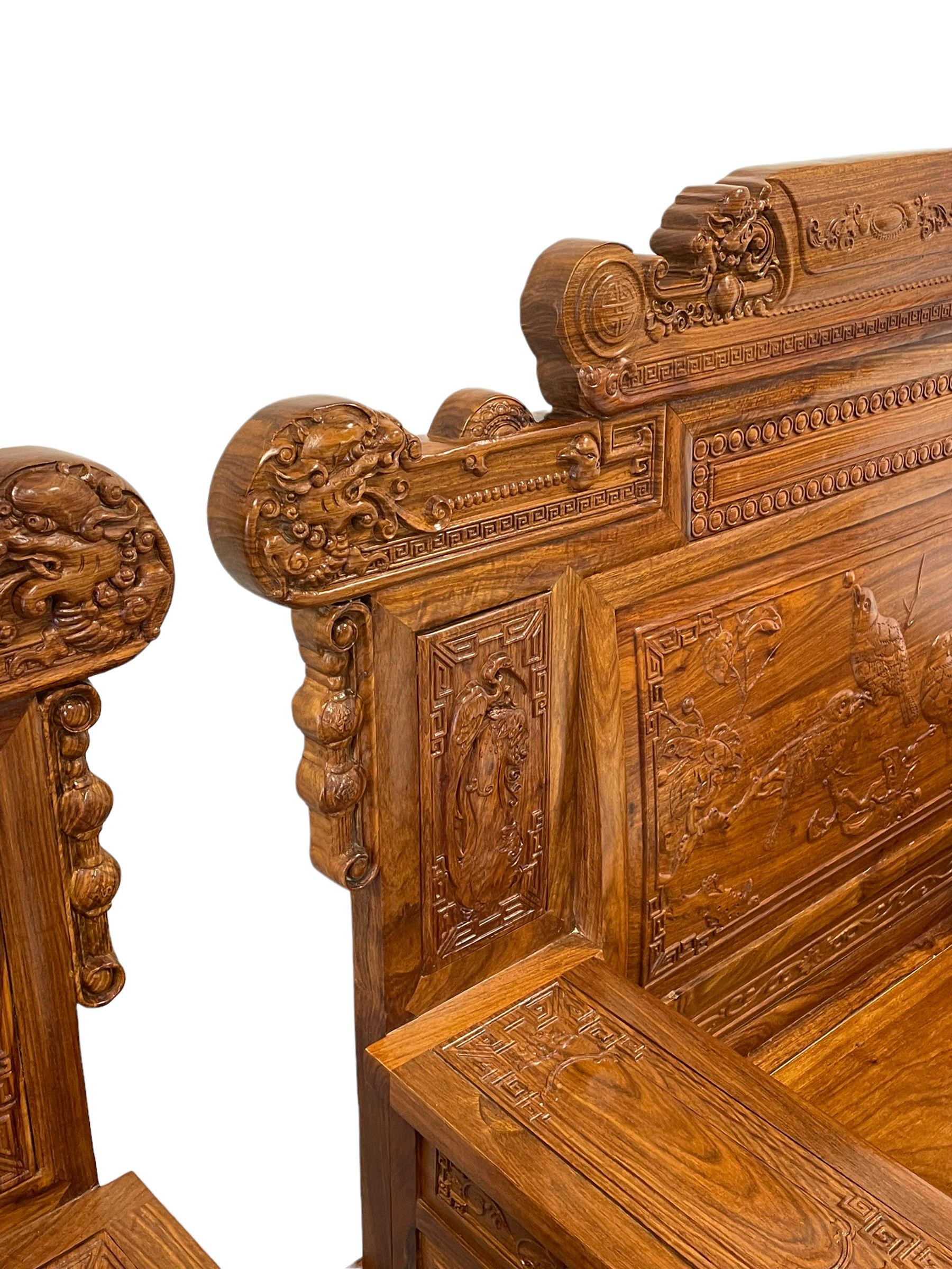 A Pair Chinese Imperial style hardwood throne chairs, the backs carved with dragon masks and birds - Image 5 of 11
