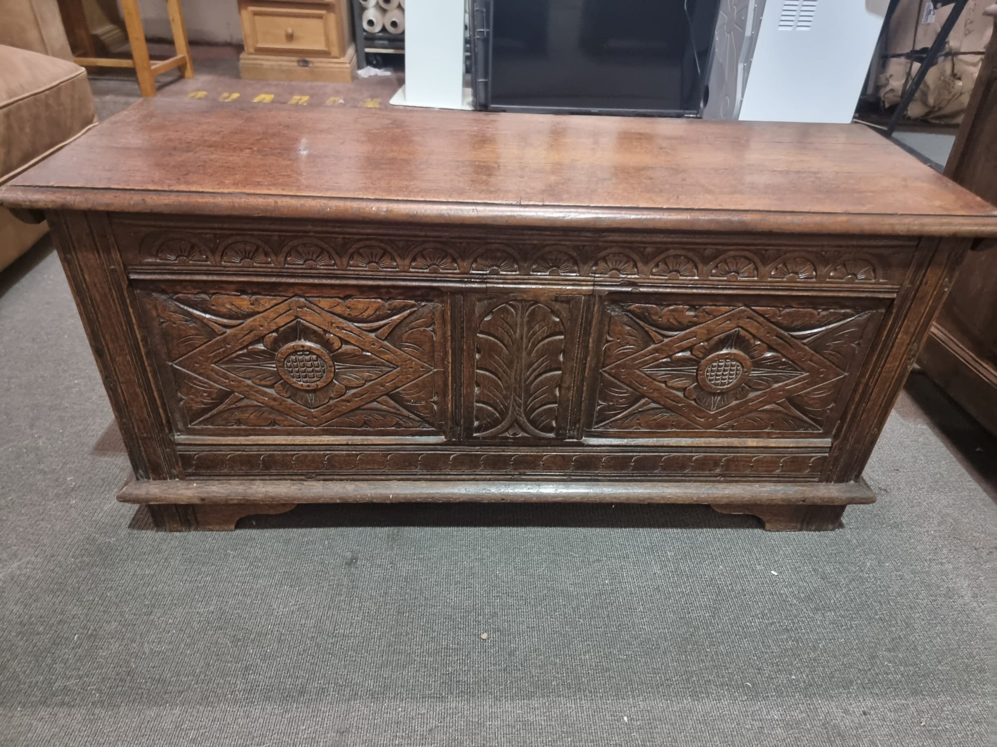 Late 18th Century style oak coffer the plank top above three geometrically carved panels on the - Image 16 of 17