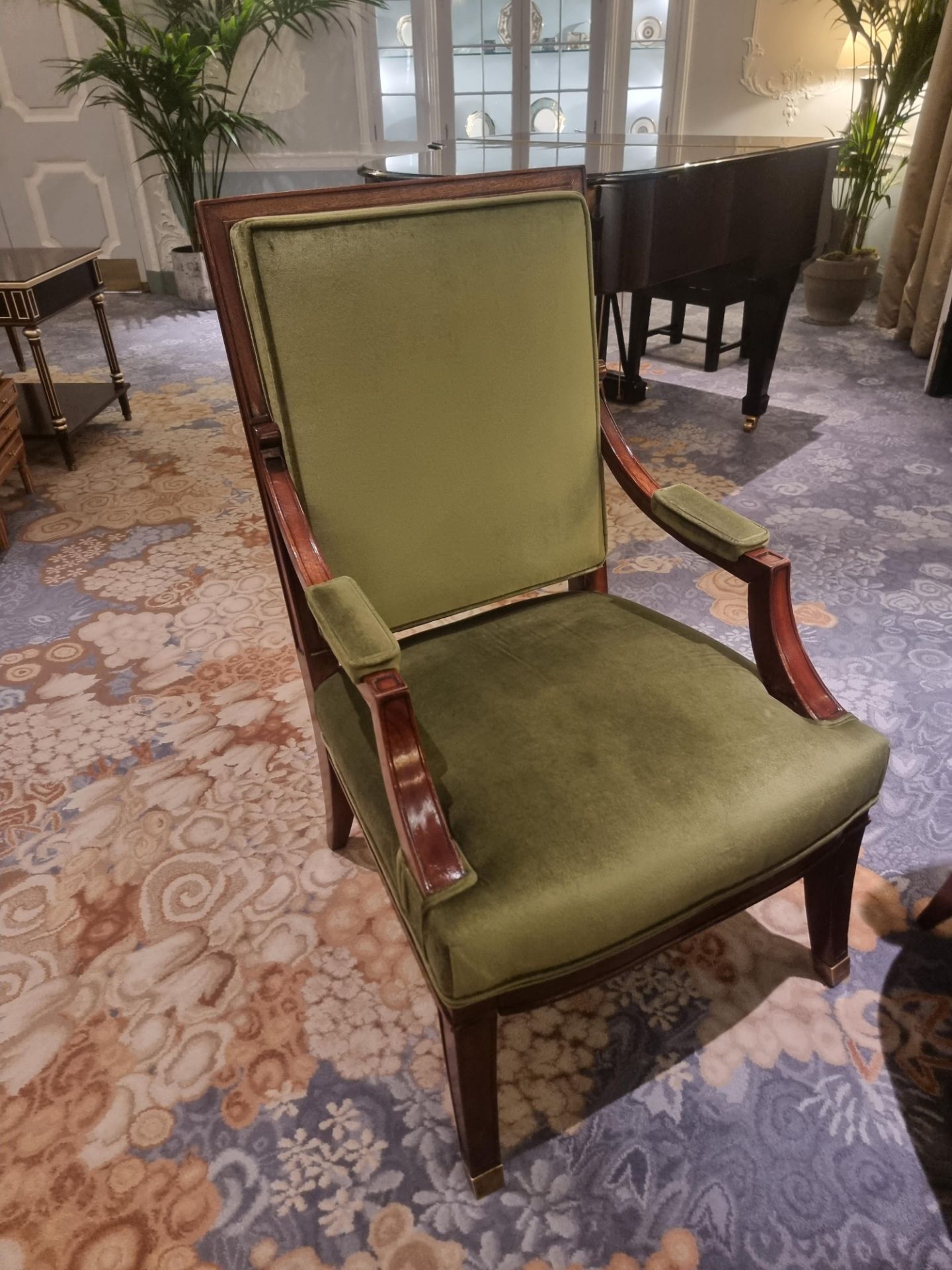 A Large Louis XVI Style Upholstered Lelievre Paris Olive Green Walnut Framed Armchair With Front - Image 4 of 5