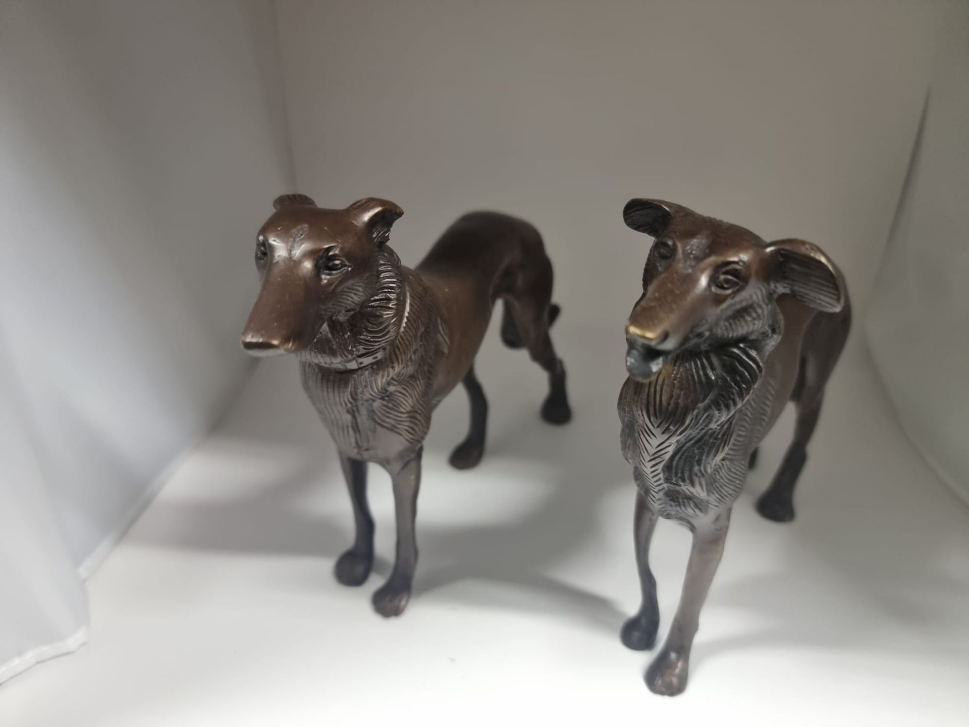 A pair of cast bronze Saluki dog sculptures 16cm tall each Longest is 28cm and shortest is 24cm - Image 6 of 8
