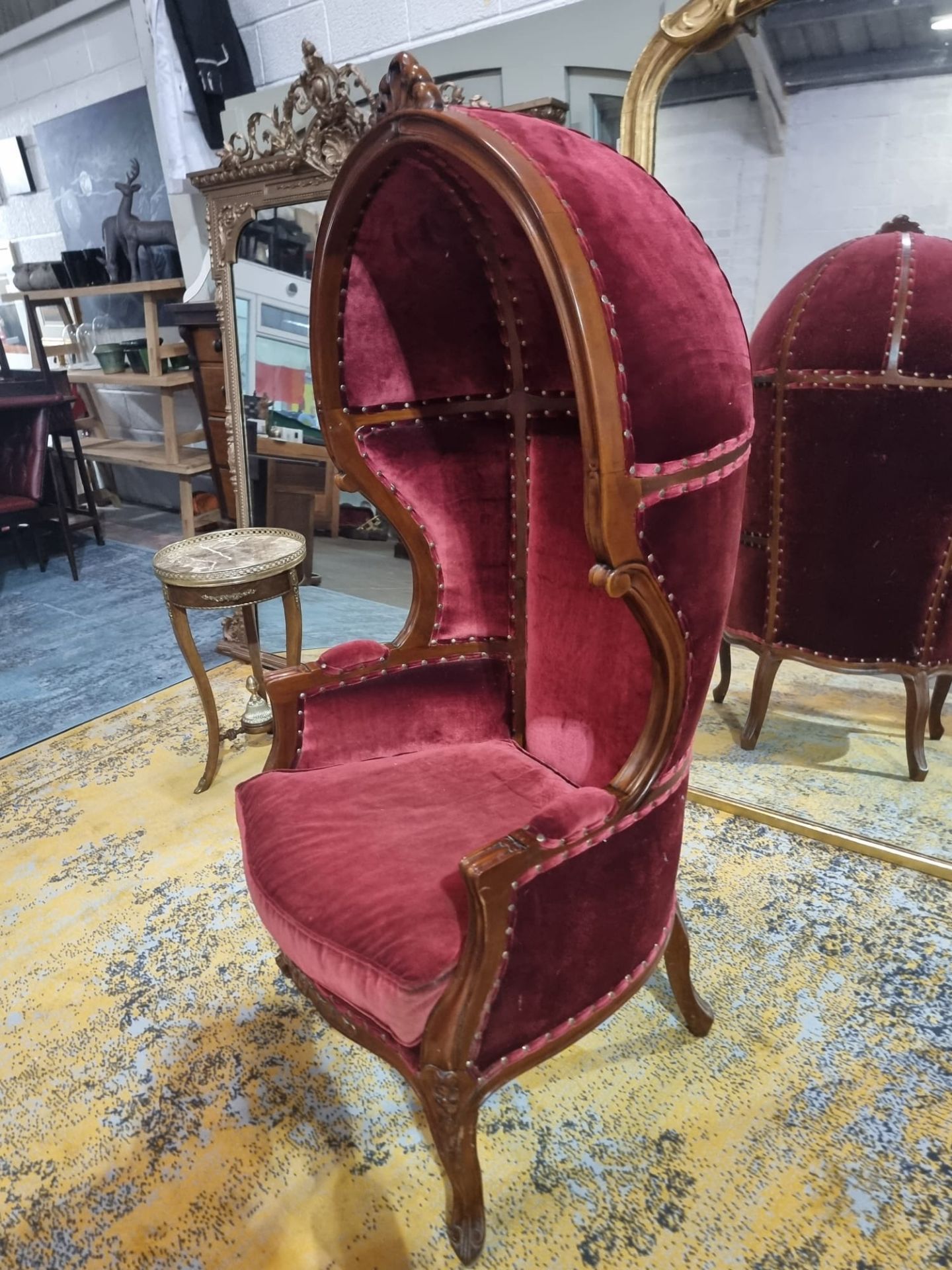 French Porters chair created in the Louis XV style with a mahogany frame and carved rosette details. - Image 7 of 8