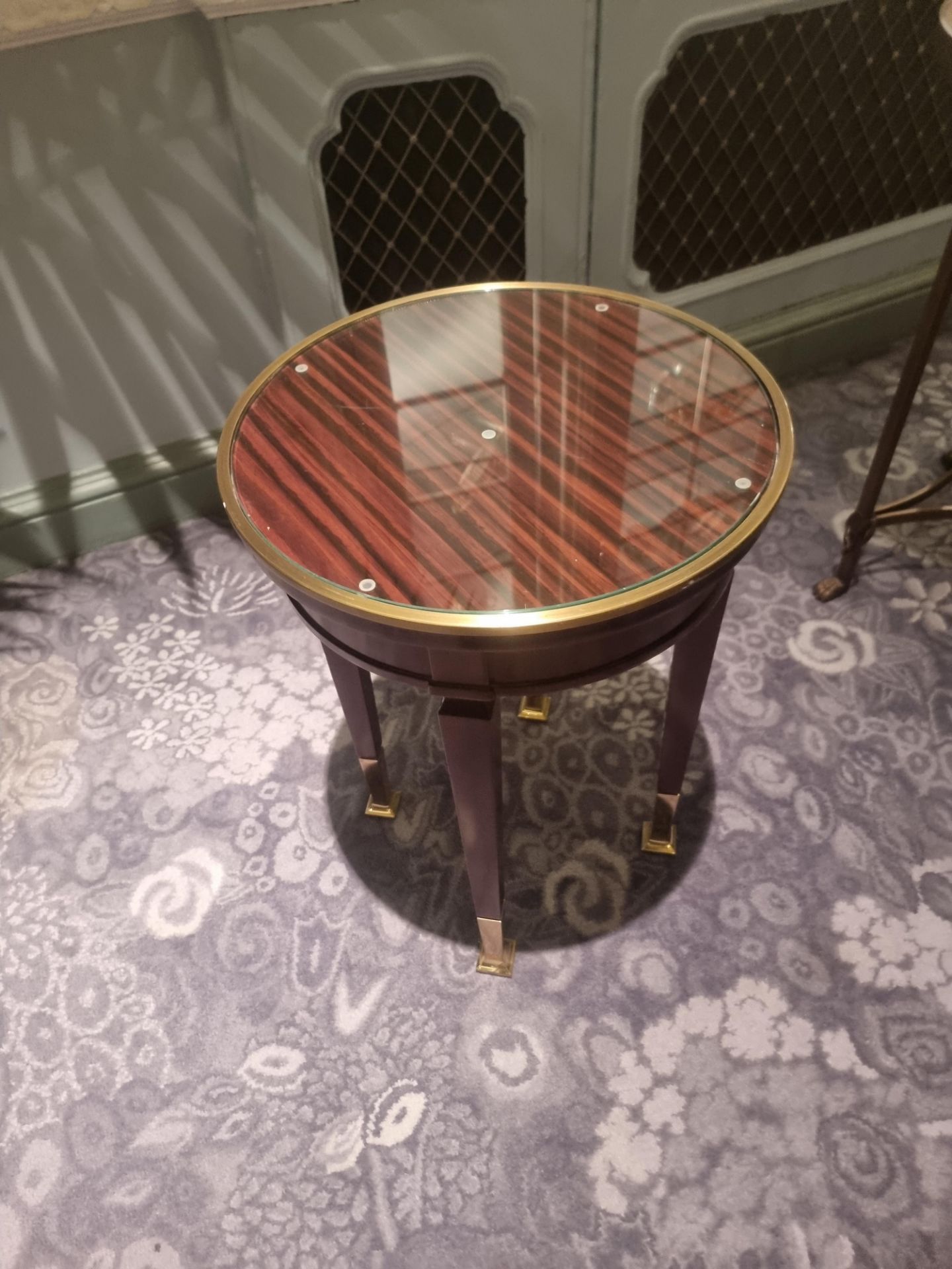 Circular Side Table Macassar Ebony With Glass Plate Top And Brass Trim Mounted On Tapering Legs With - Image 2 of 5