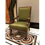 A Large Louis XVI Style Upholstered Lelievre Paris Olive Green Walnut Framed Armchair With Front