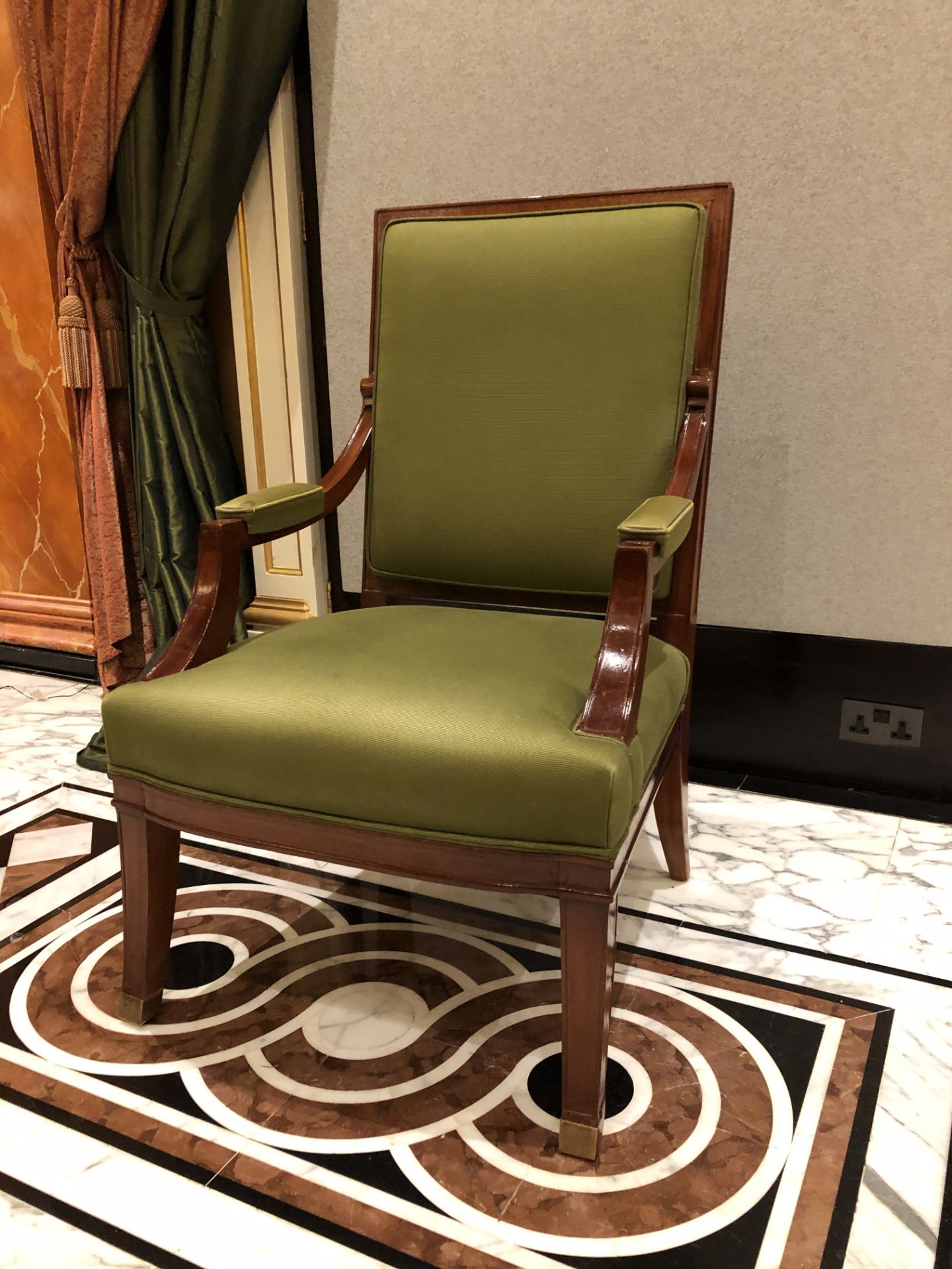 A Large Louis XVI Style Upholstered Lelievre Paris Olive Green Walnut Framed Armchair With Front