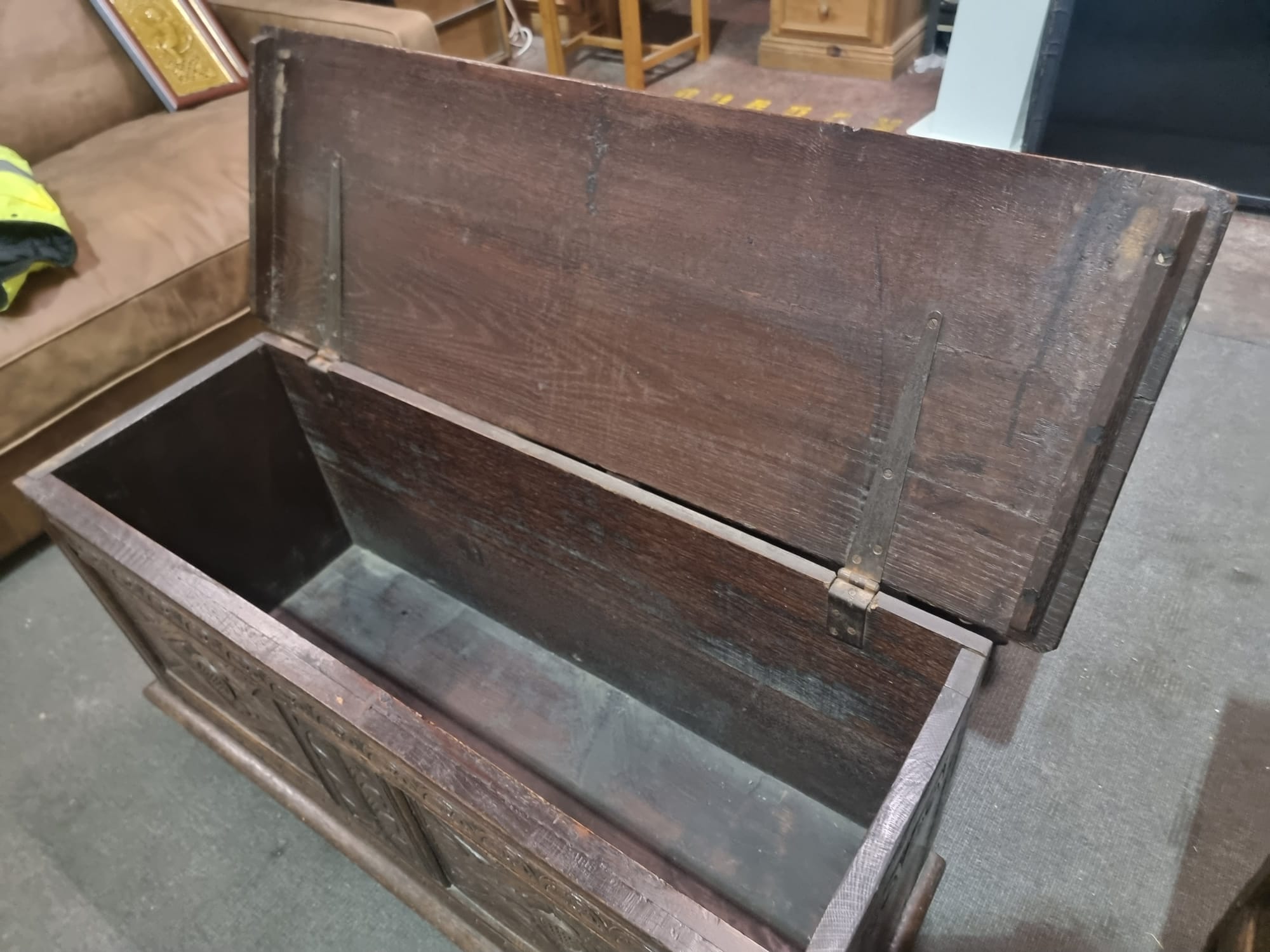 Late 18th Century style oak coffer the plank top above three geometrically carved panels on the - Image 8 of 17