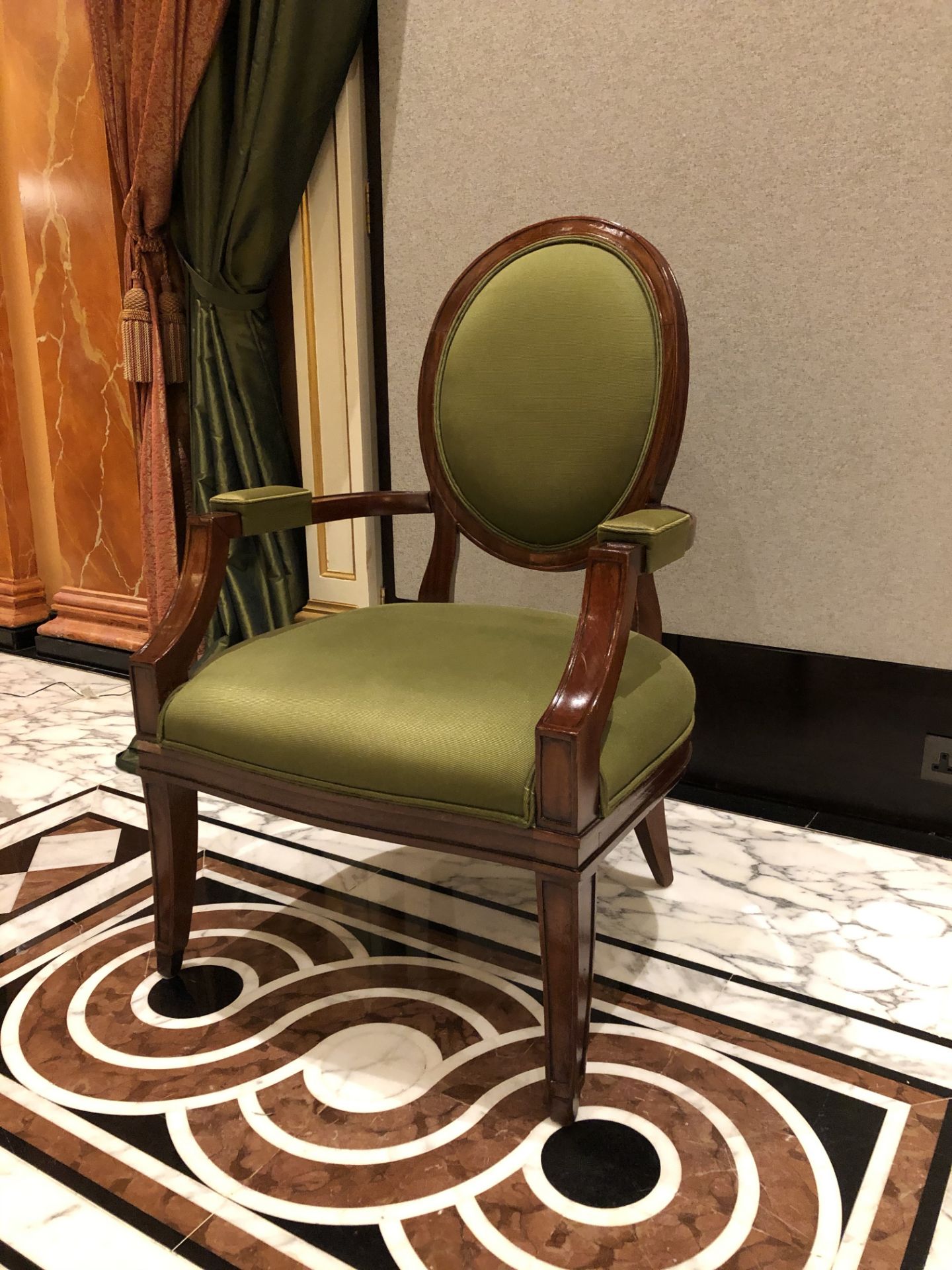 Louis XVI Style Framed And Upholstered Arm Chair In Lelievre Paris Olive Green Salon Chair 68 x 68 x