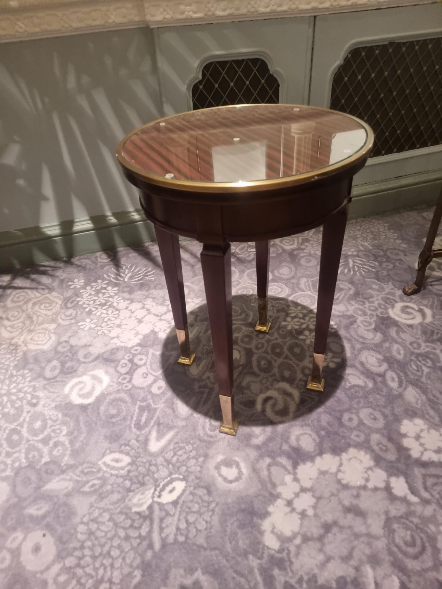 Circular Side Table Macassar Ebony With Glass Plate Top And Brass Trim Mounted On Tapering Legs With - Image 4 of 5