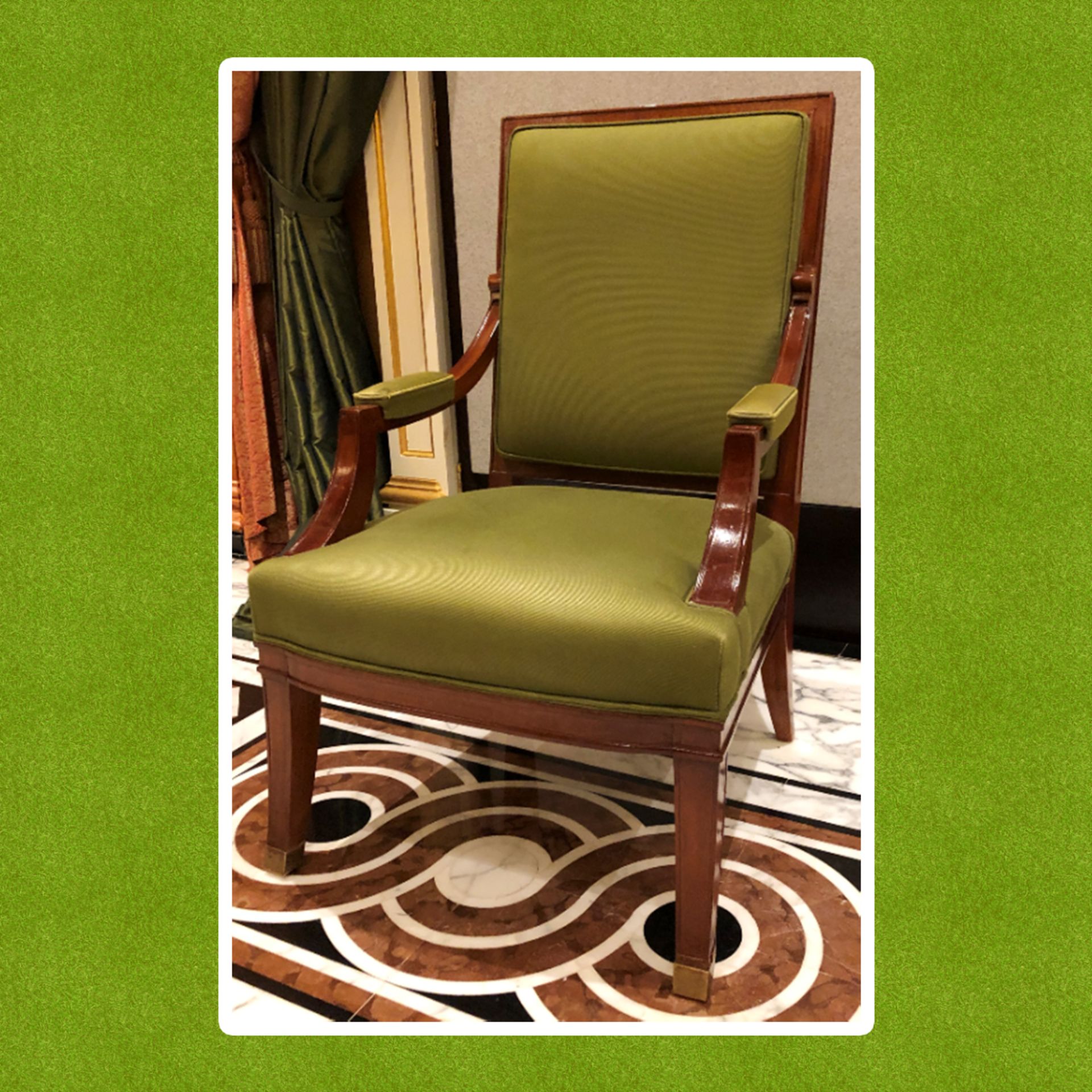 A Large Louis XVI Style Upholstered Lelievre Paris Olive Green Walnut Framed Armchair With Front - Image 2 of 5