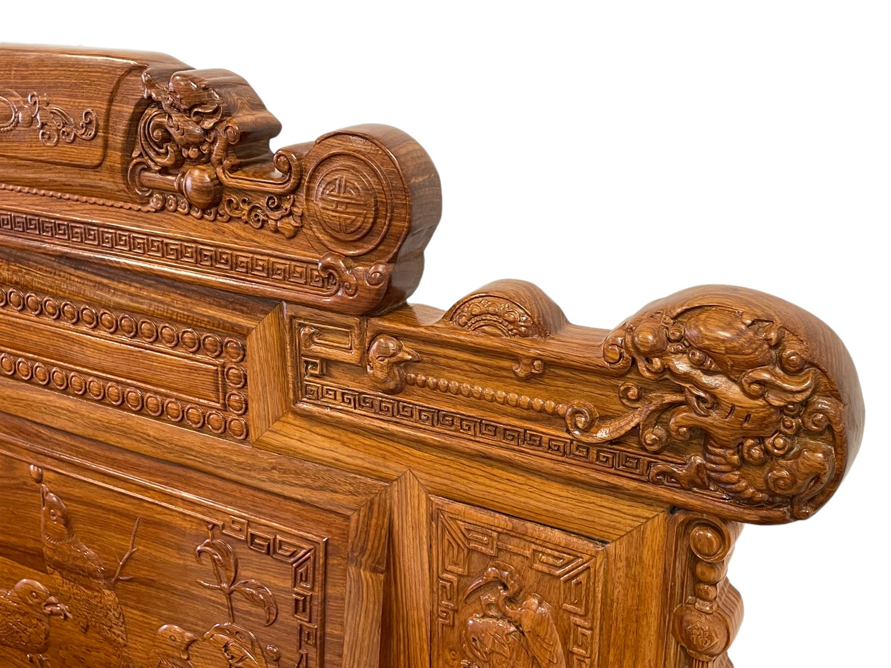 A Pair Chinese Imperial style hardwood throne chairs, the backs carved with dragon masks and birds - Image 6 of 11