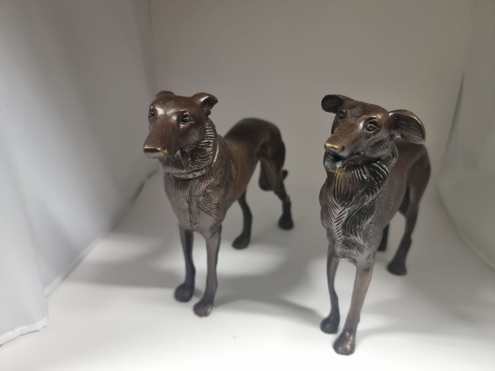 A pair of cast bronze Saluki dog sculptures 16cm tall each Longest is 28cm and shortest is 24cm - Image 5 of 8