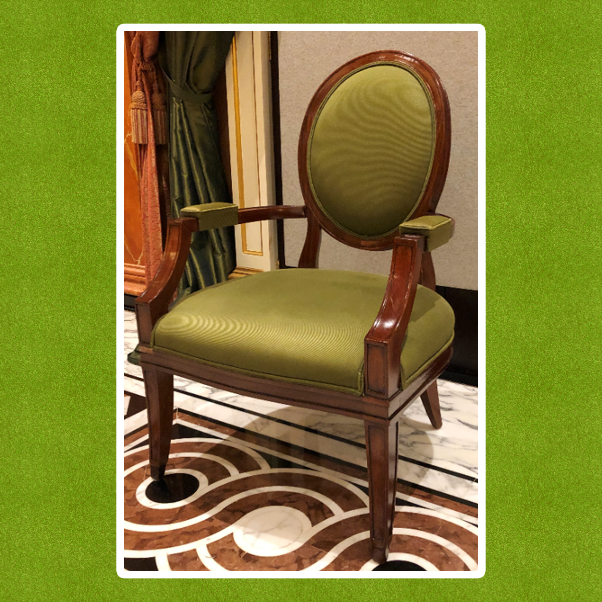 Louis XVI Style Framed And Upholstered Arm Chair In Lelievre Paris Olive Green Salon Chair 68 x 68 x - Image 2 of 5