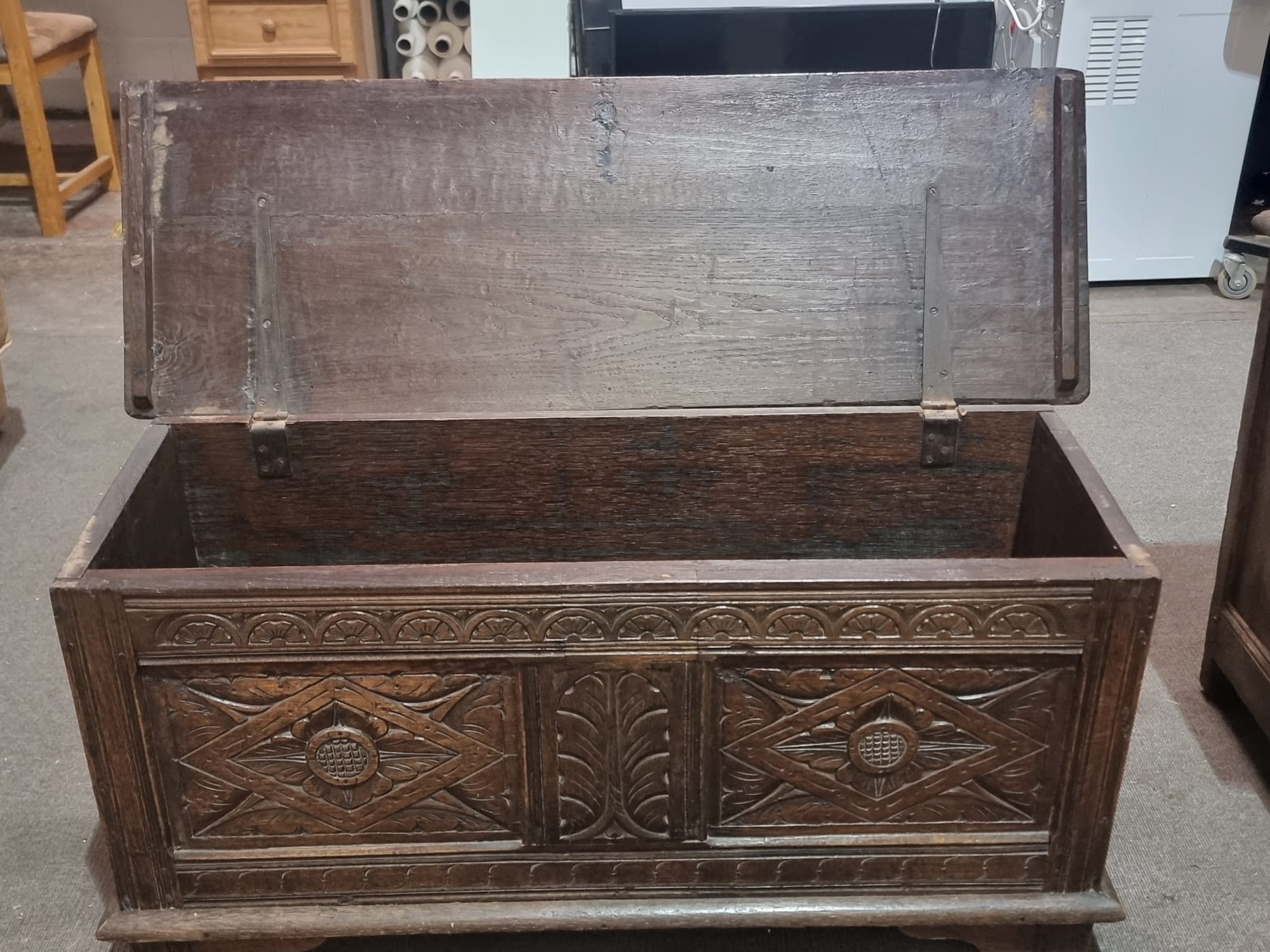 Late 18th Century style oak coffer the plank top above three geometrically carved panels on the - Image 4 of 17