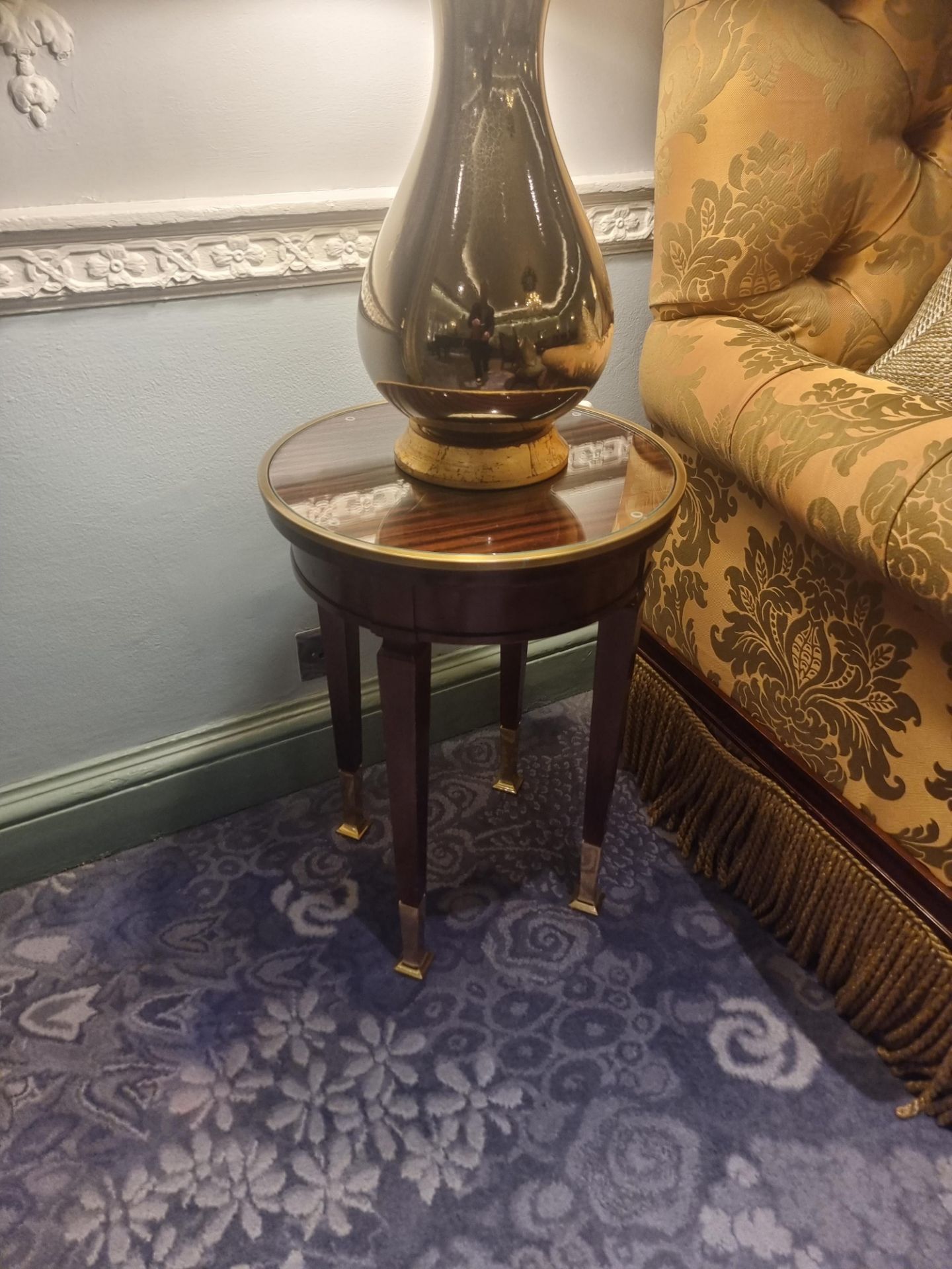 Circular Side Table Macassar Ebony With Glass Plate Top And Brass Trim Mounted On Tapering Legs With