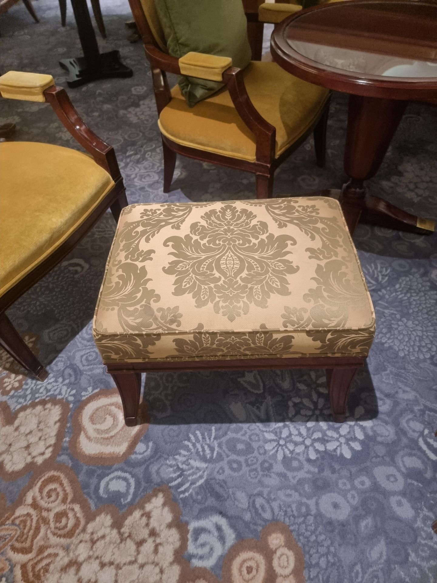 Walnut Framed Padded Upholstered Stool In Pierre Frey Damask Tournelle Gold And Green Pattern 45 x - Bild 3 aus 3