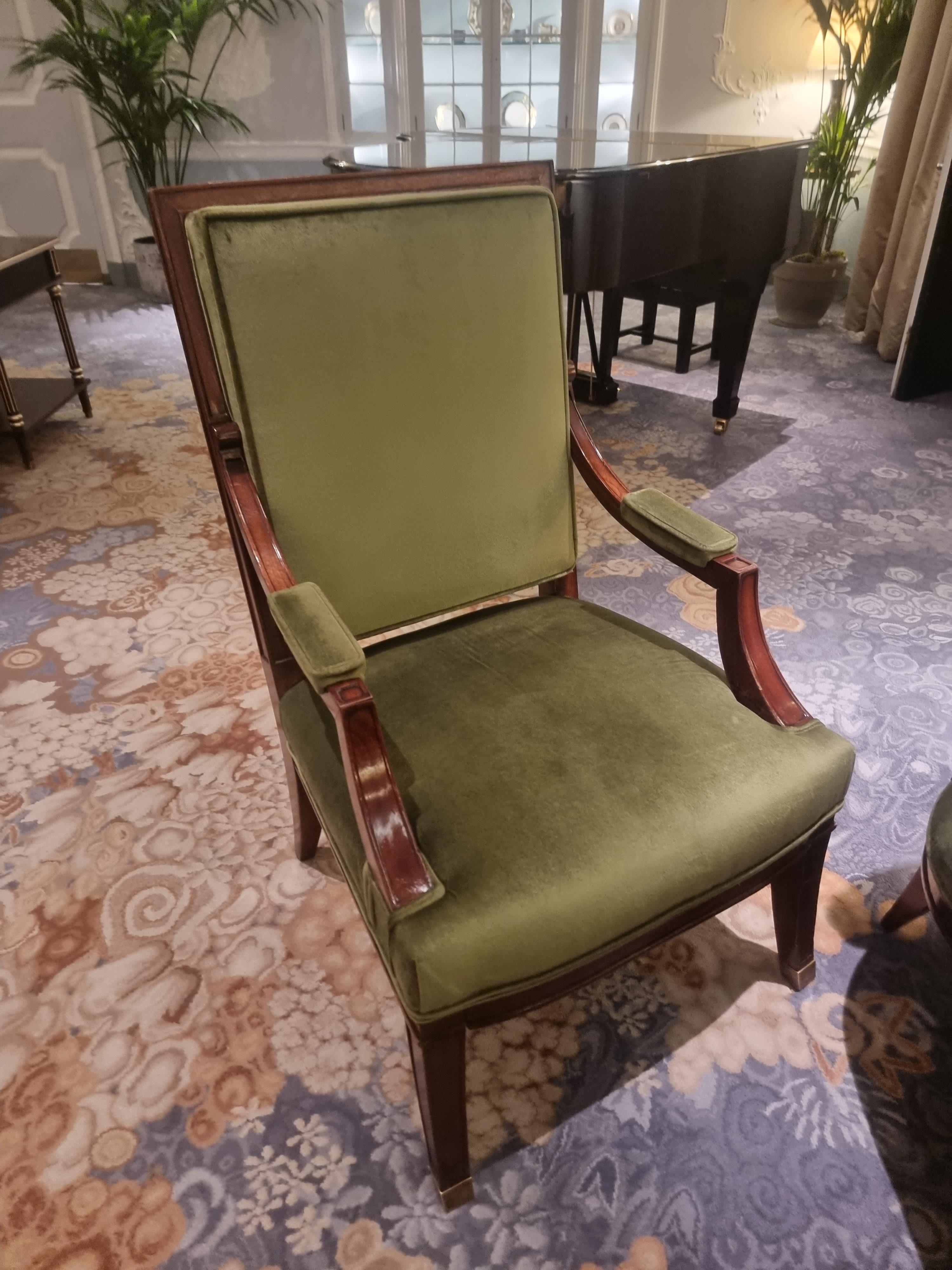 A Large Louis XVI Style Upholstered Lelievre Paris Olive Green Walnut Framed Armchair With Front - Image 5 of 5