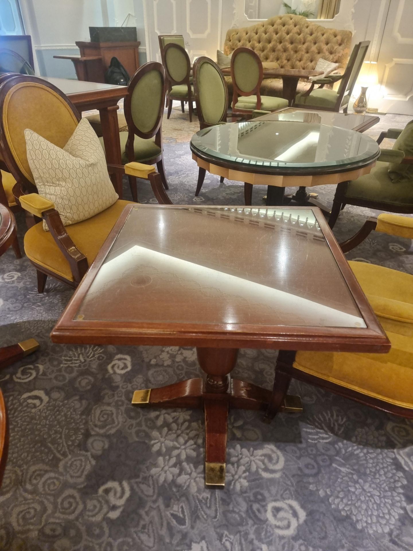 Walnut Pedestal Dining Table Square Top Mounted On A Heavy Large Turned Baluster Stem Supported By - Image 4 of 5