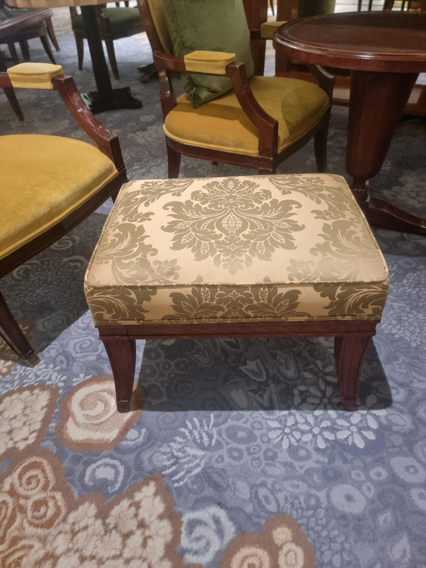 Walnut Framed Padded Upholstered Stool In Pierre Frey Damask Tournelle Gold And Green Pattern 45 x - Bild 2 aus 3