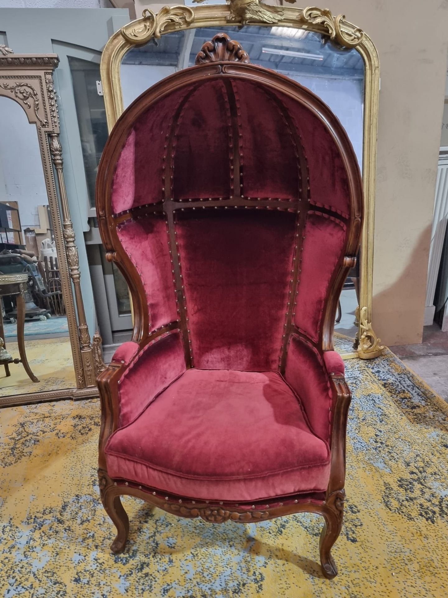 French Porters chair created in the Louis XV style with a mahogany frame and carved rosette details. - Image 8 of 8