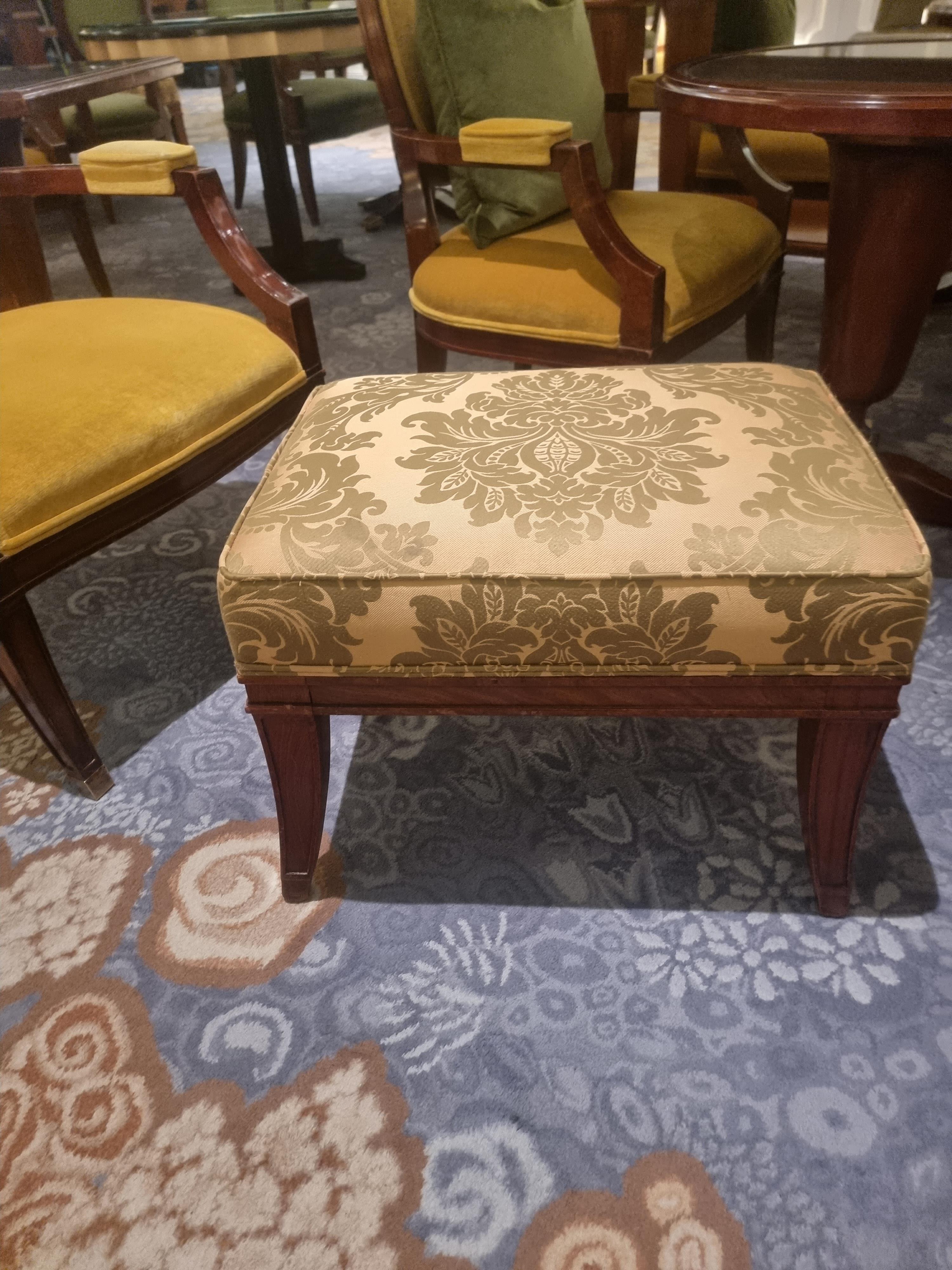 Walnut Framed Padded Upholstered Stool In Pierre Frey Damask Tournelle Gold And Green Pattern 45 x