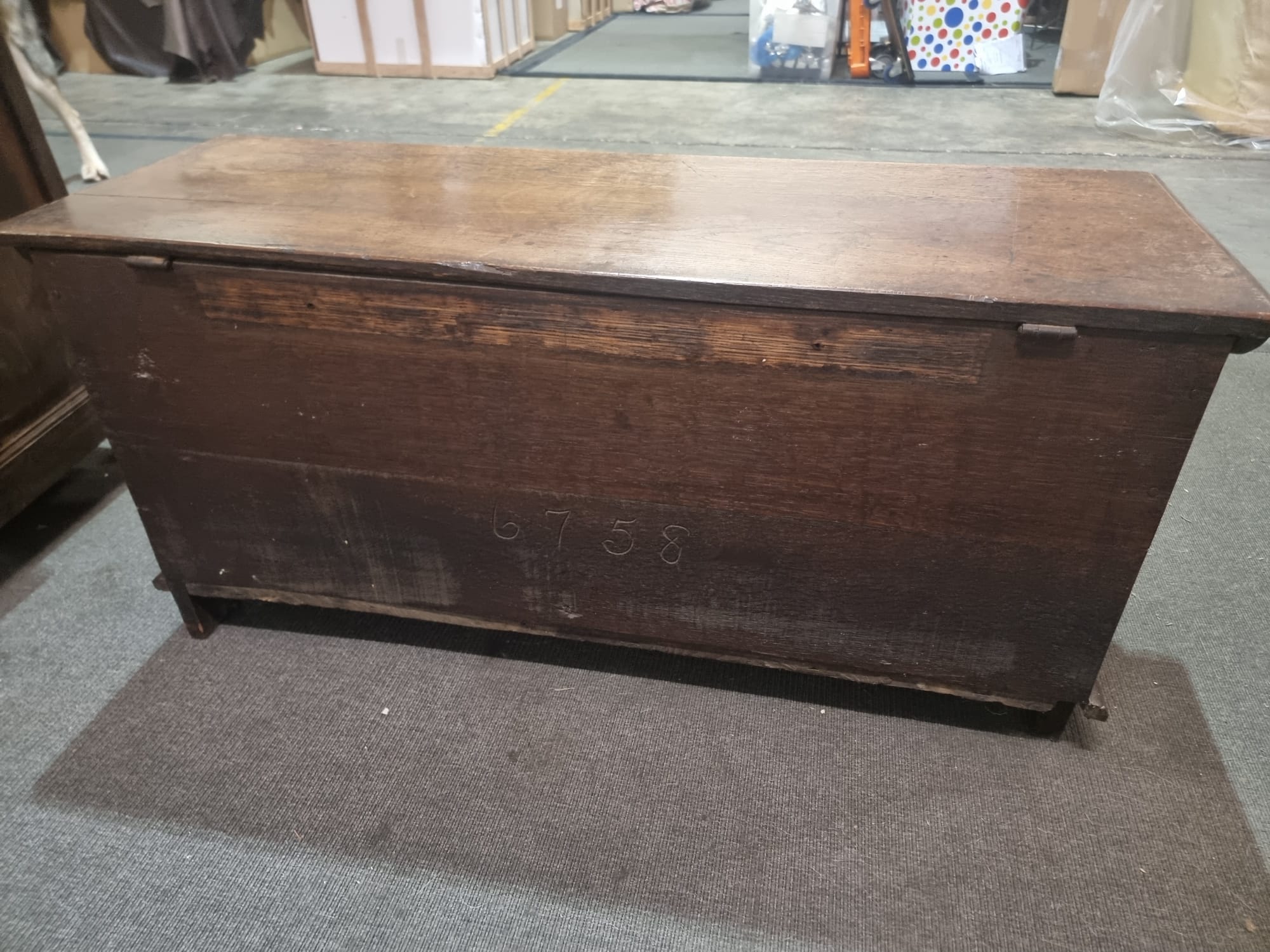 Late 18th Century style oak coffer the plank top above three geometrically carved panels on the - Image 12 of 17