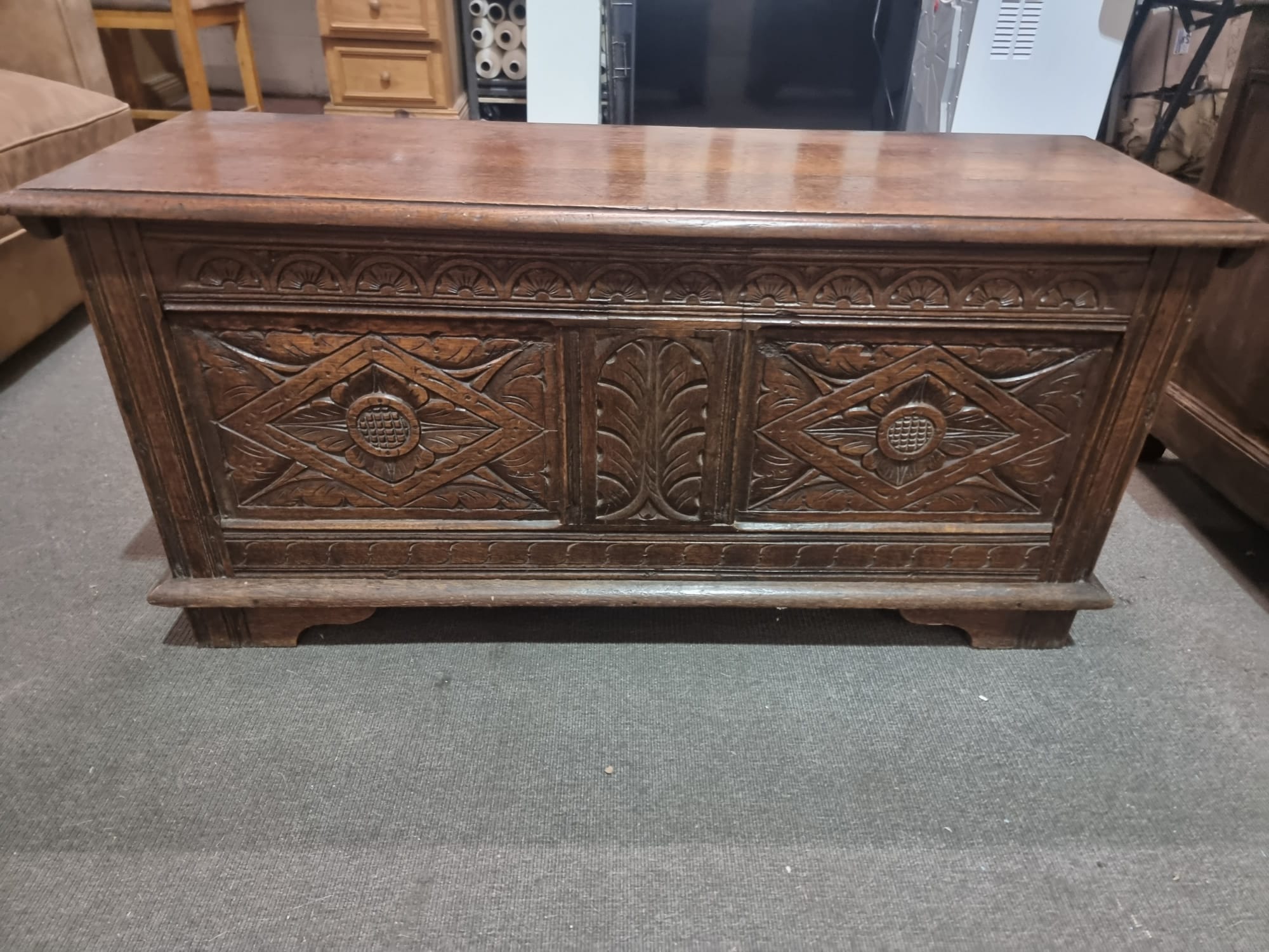 Late 18th Century style oak coffer the plank top above three geometrically carved panels on the - Image 17 of 17