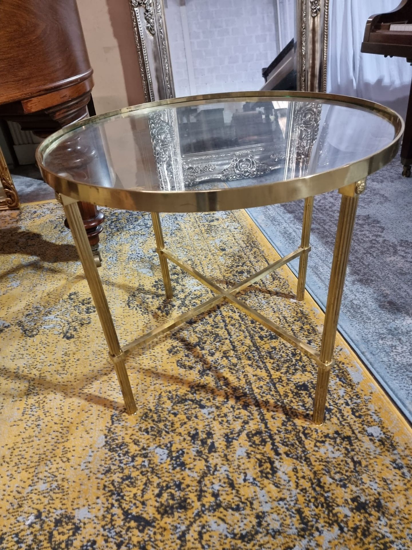 Neoclassical style Round Glass Coffee Table, Brass frame with flute reeded legs 70cm diameter x 64cm