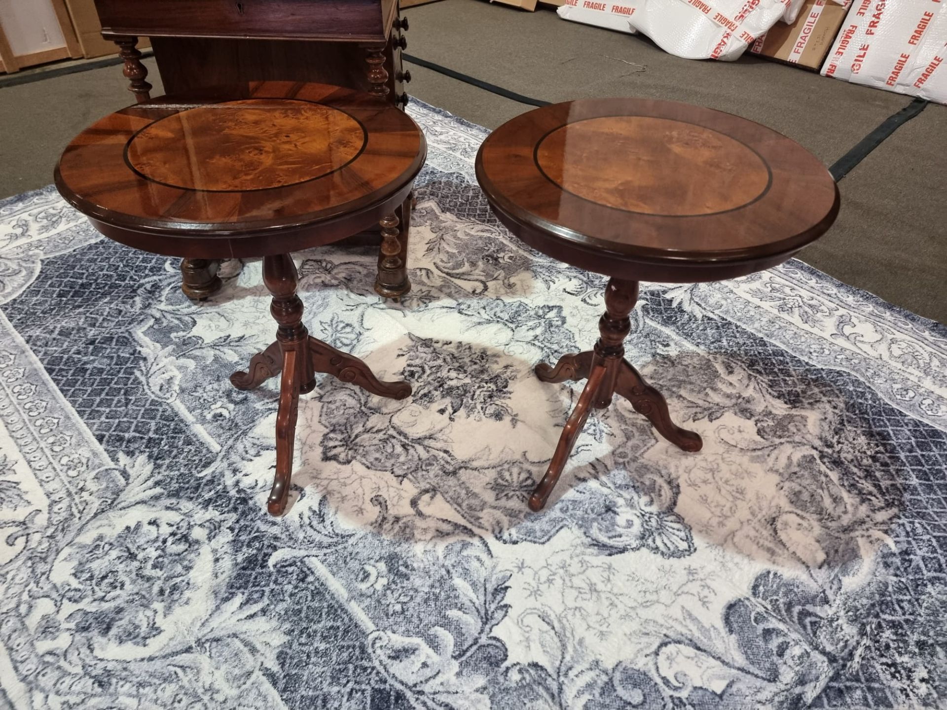 A Fine pair of walnut and satinwood wine tables Italian wine tables the circular inlaid top