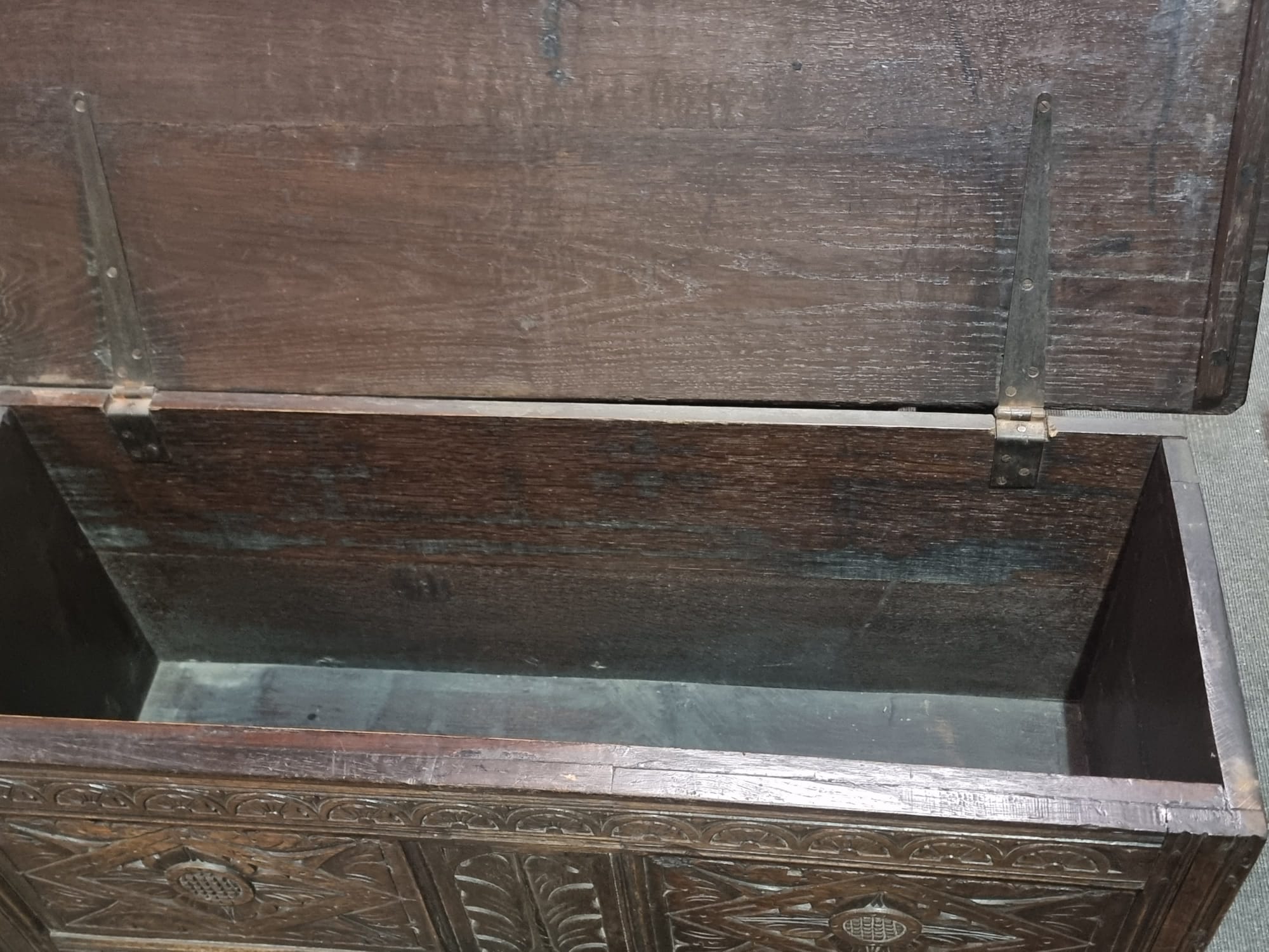 Late 18th Century style oak coffer the plank top above three geometrically carved panels on the - Image 7 of 17