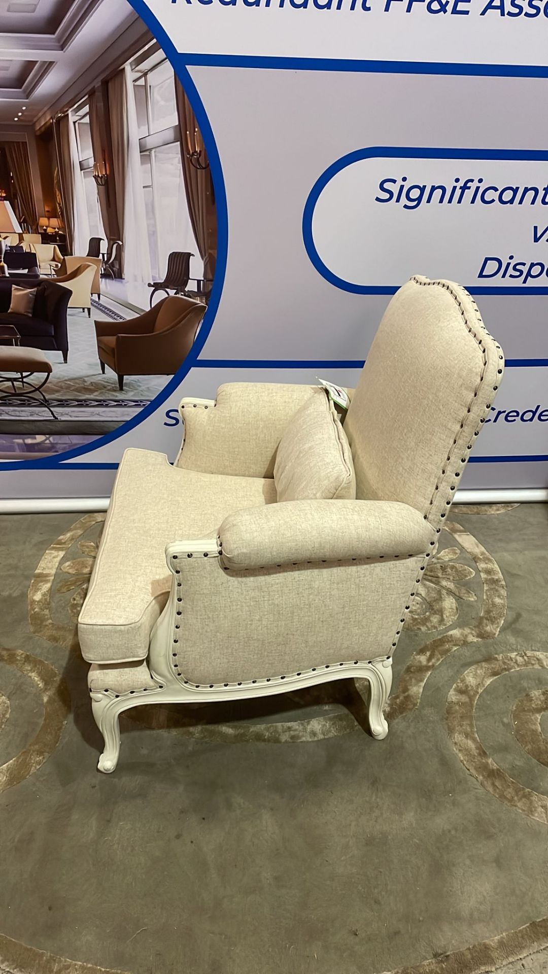 A Pair Of Bergere Chairs White Ornate Wood Frames Upholstered In Natural White Linen With Stud Pin - Image 2 of 3