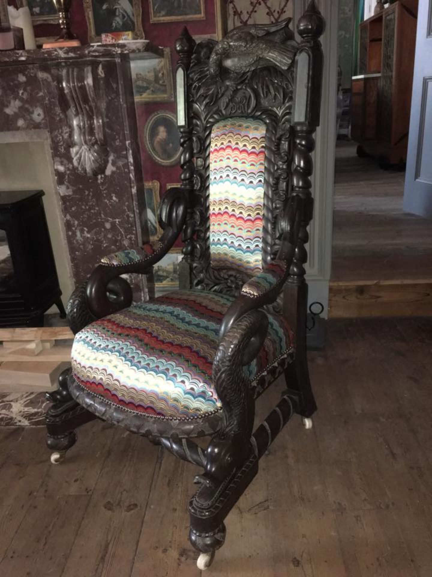 A Significantly Carved Vintage Armchair Reupholstered In A Vibrant Colour Way Fabulously Carved