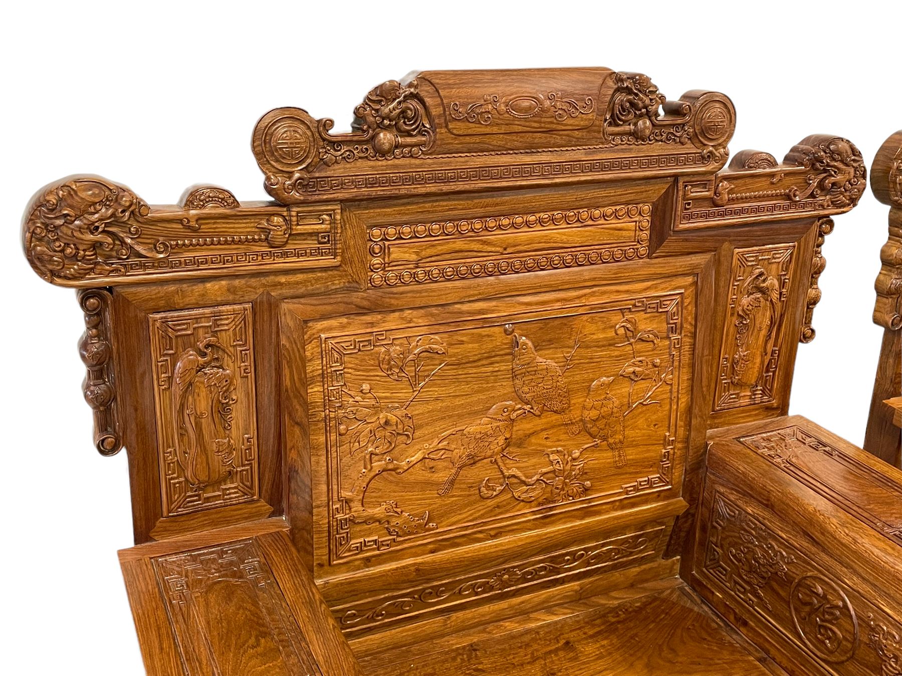 A Pair Chinese Imperial style hardwood throne chairs, the backs carved with dragon masks and birds - Image 3 of 11