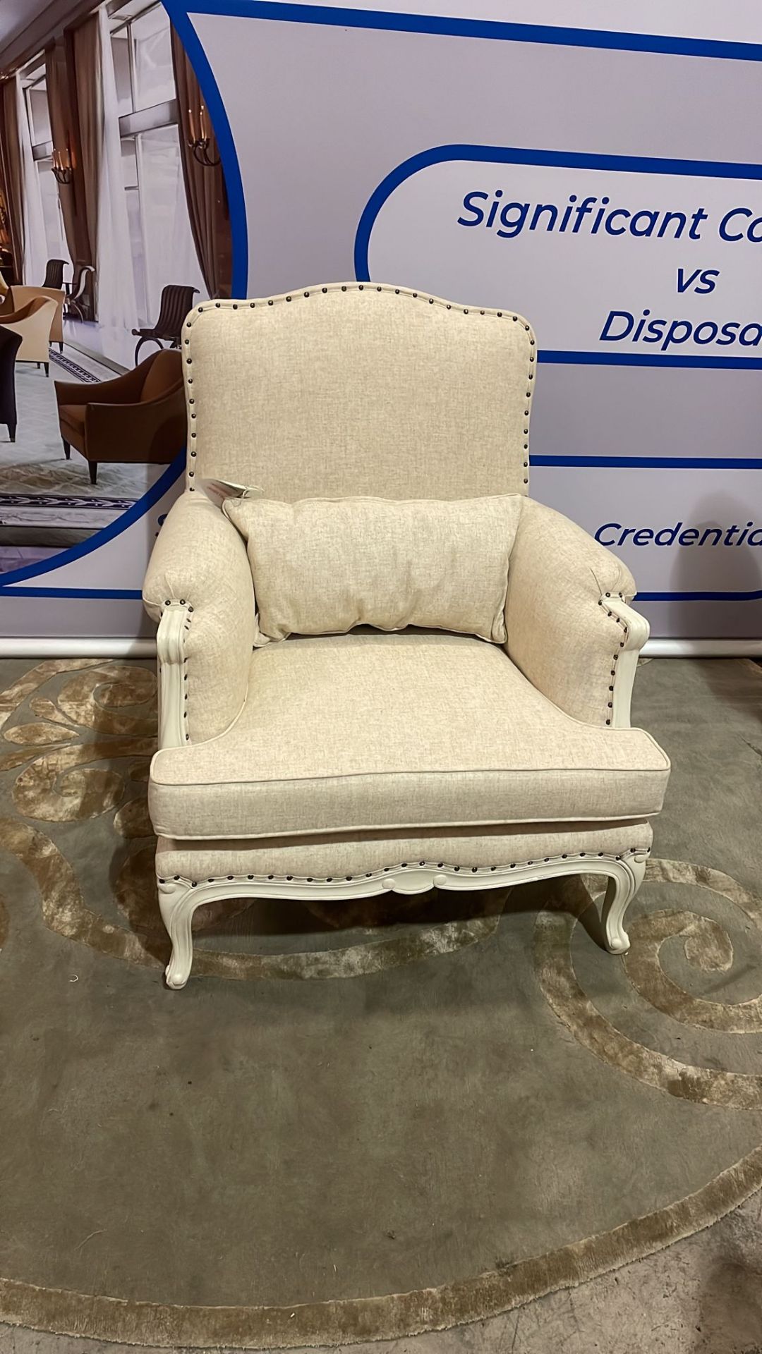 A Pair Of Bergere Chairs White Ornate Wood Frames Upholstered In Natural White Linen With Stud Pin