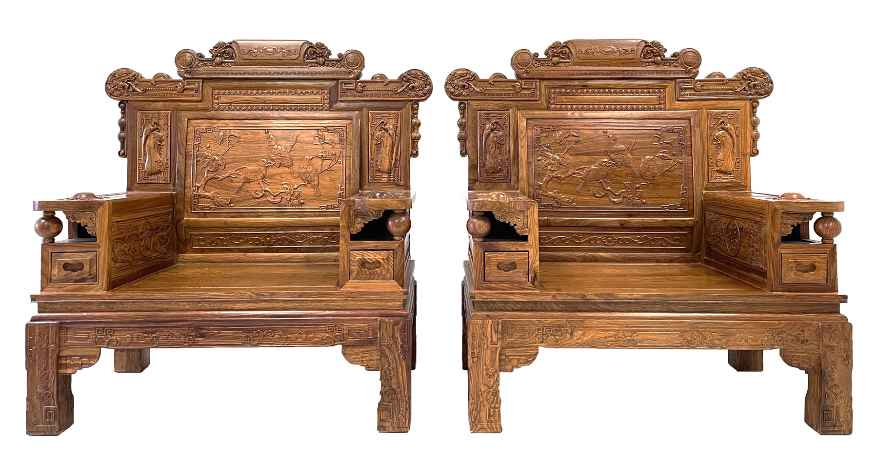 A Pair Chinese Imperial style hardwood throne chairs, the backs carved with dragon masks and birds