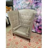 Gold/Beige patterned button backed Upholstered leather booth chairs sat on a wooden frame with