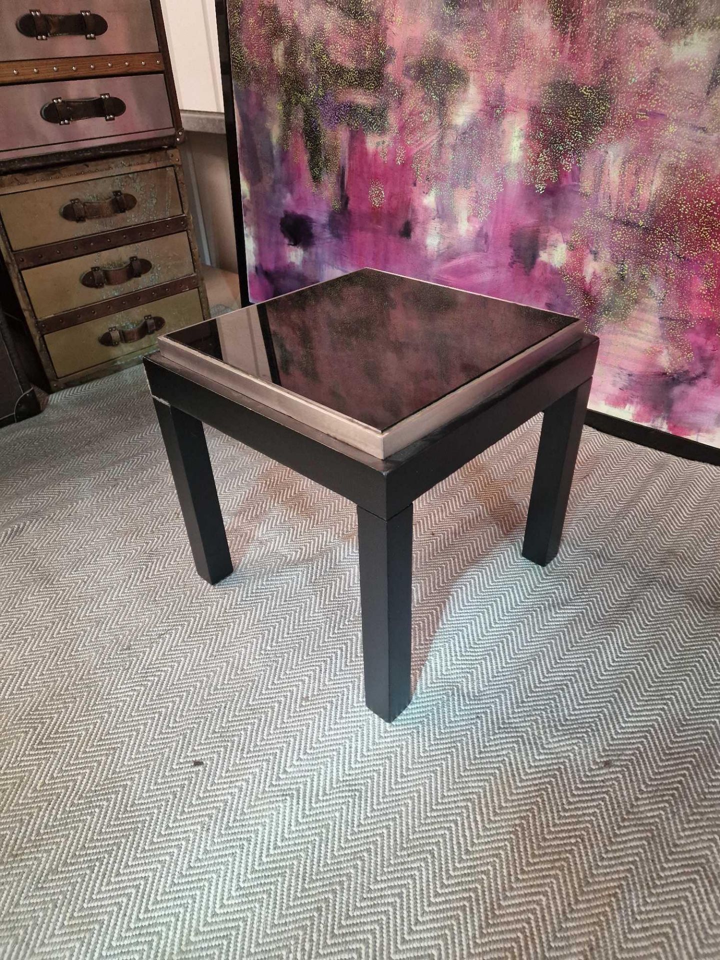 A pair of side tables ebony black timber frame with a framed black glass top 50 x 50 50cm - Bild 2 aus 3