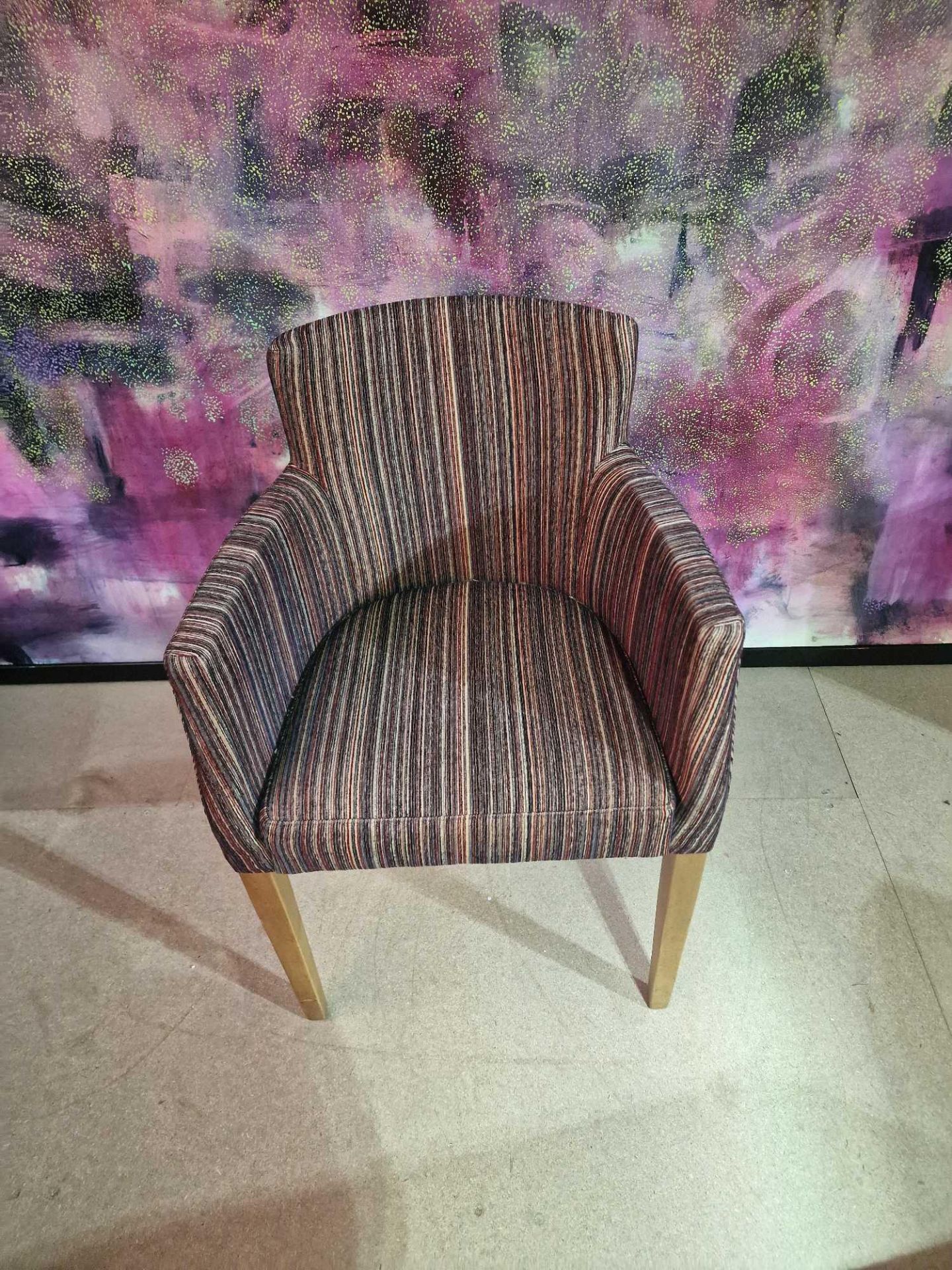 Contemporary dining chair Upholstered in a modern striped pattern fabric, the high arm rests and