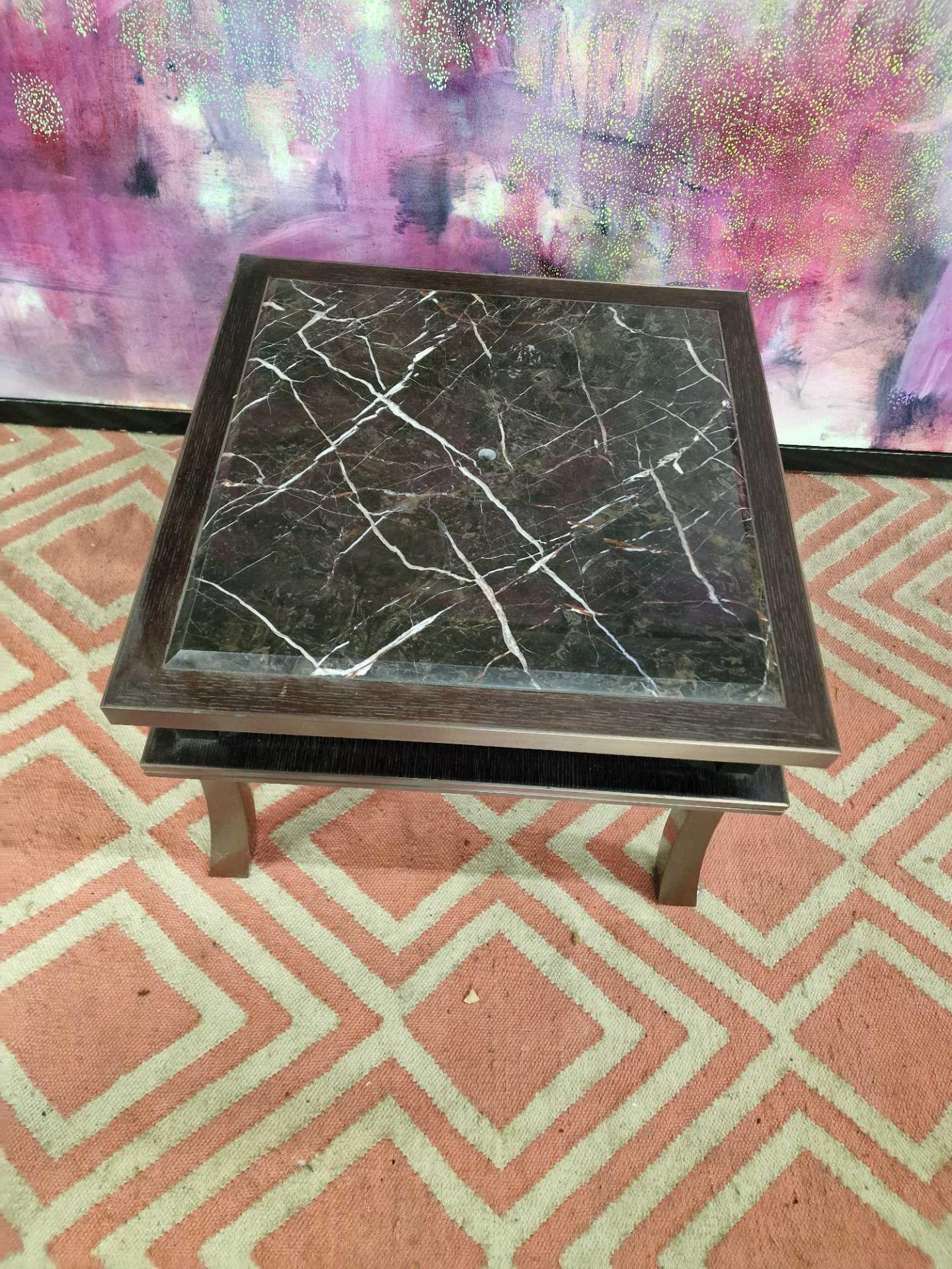 Lamp table bronze and black marble on dark walnut frame 60 x 60 x 46cm - Image 3 of 5