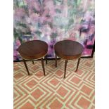 A pair of mahogany drum side tables the circular top 55cm wide with a brass trim detail on square