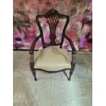 Colber regency style open framed arm chair with carved detailing with mushroom leather seat pad 65 x