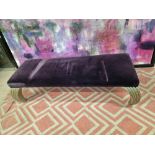 A velvet padded bench on contemporary silvery/gold bowed legs 140 x 53 x 42cm
