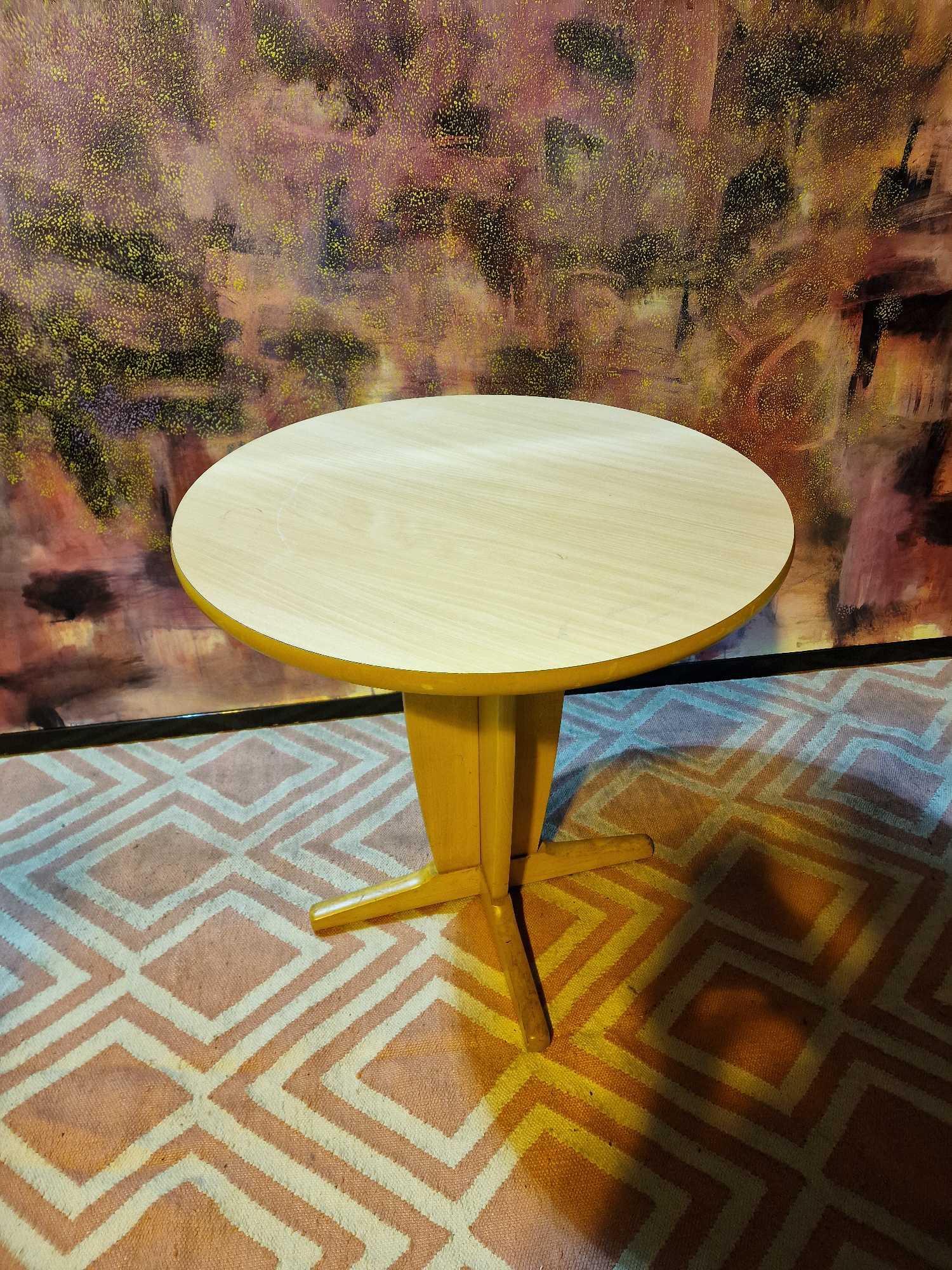 2 x beech mid century style dining tables the circular 74cm top mounted on a pedestal quad form base