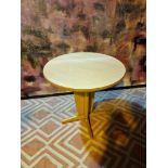 2 x beech mid century style dining tables the circular 74cm top mounted on a pedestal quad form base