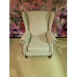 Queen Anne High Back Fireside Wing Chair linen upholstered seat and back rest with a wrapped leather