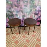 A pair of mahogany drum side tables the circular top 55cm wide with a brass trim detail on square