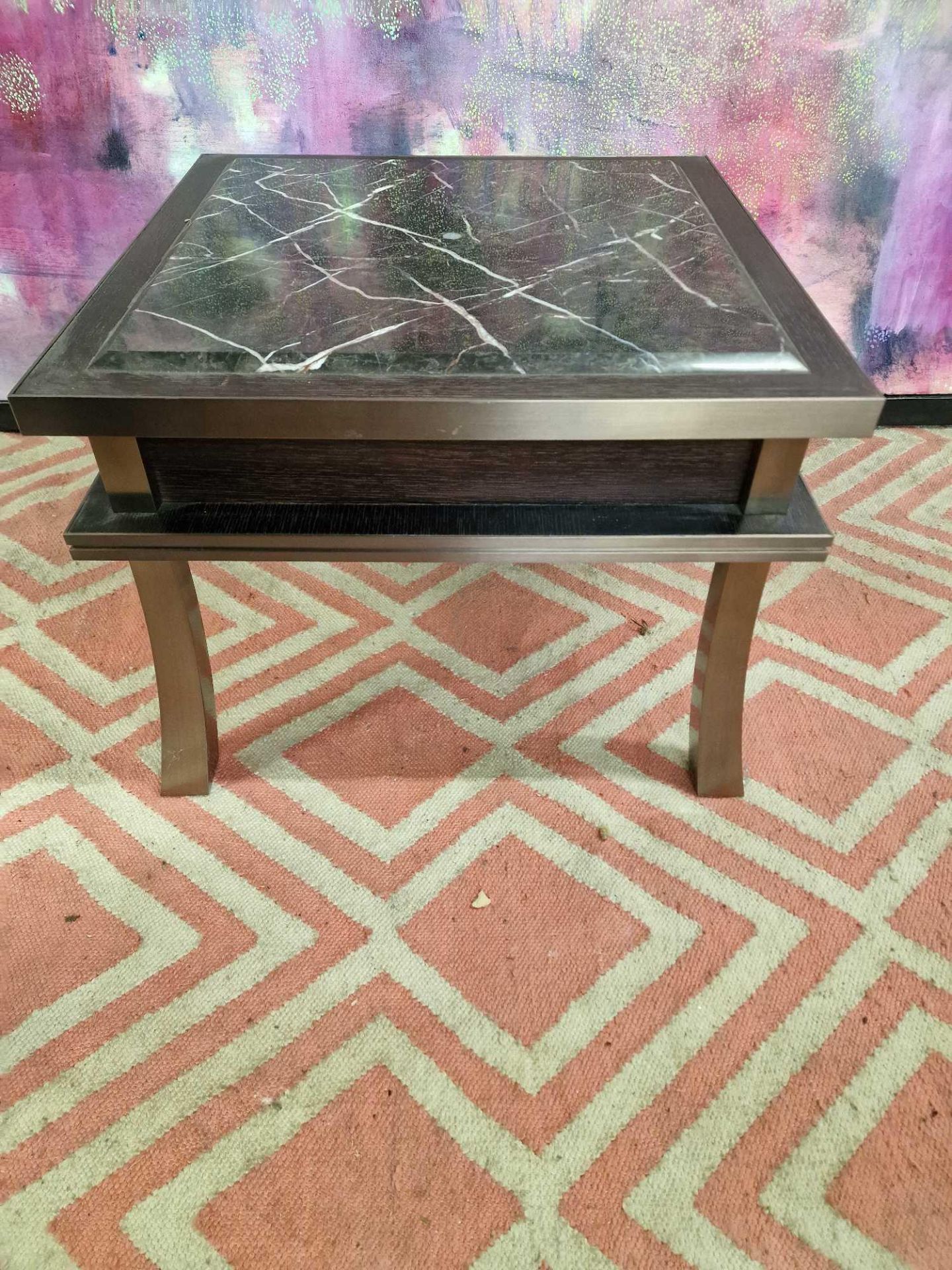 Lamp table bronze and black marble on dark walnut frame 60 x 60 x 46cm - Image 2 of 5