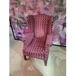 Queen Anne High Back Fireside Wing Chair upholstered in pink and purple on wooden H frame legs 62