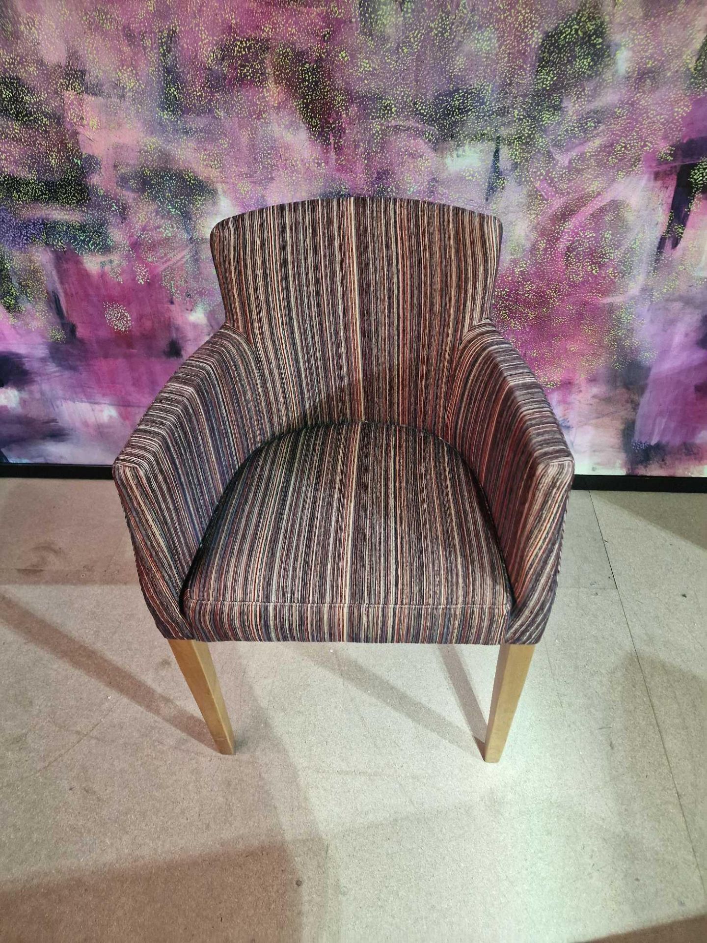 Contemporary dining chair Upholstered in a modern striped pattern fabric, the high arm rests and