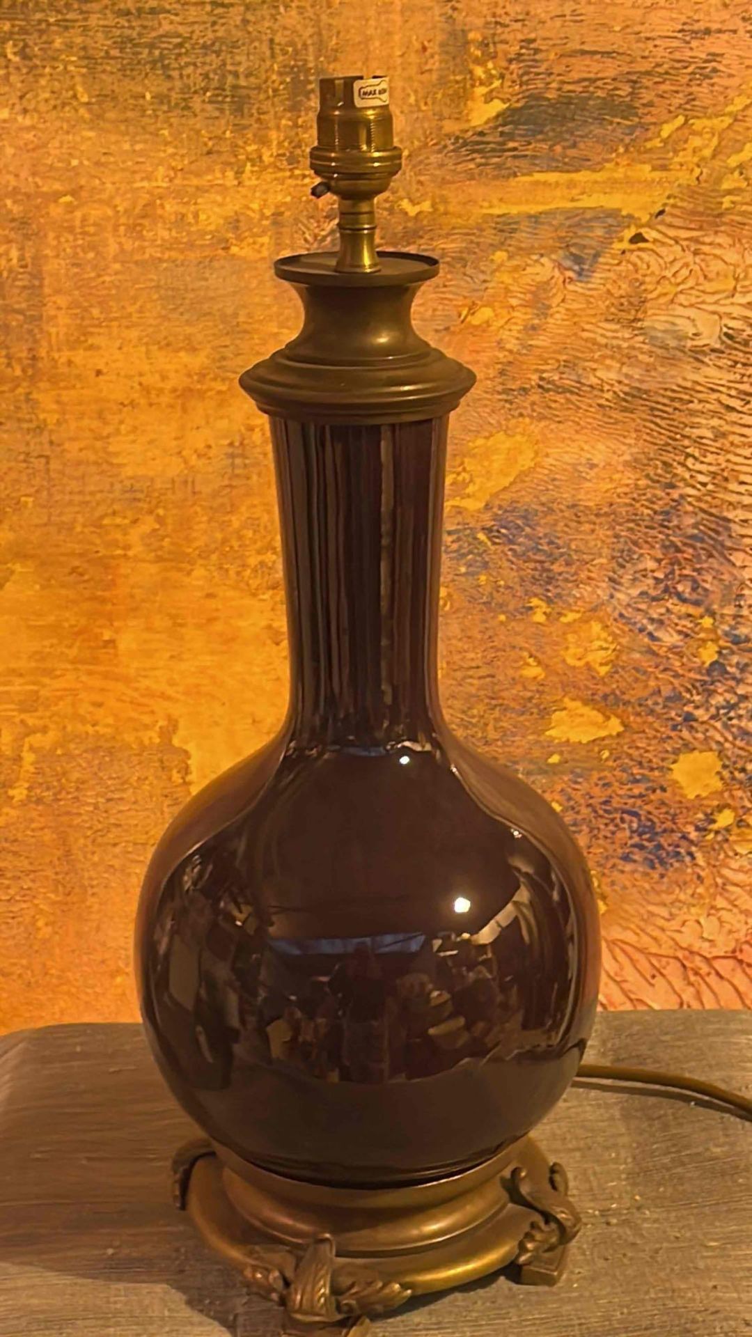 A Pair Of Ceramic Baluster Table Lamps Very Dark Purple And Brass Base 45cm - Image 2 of 3