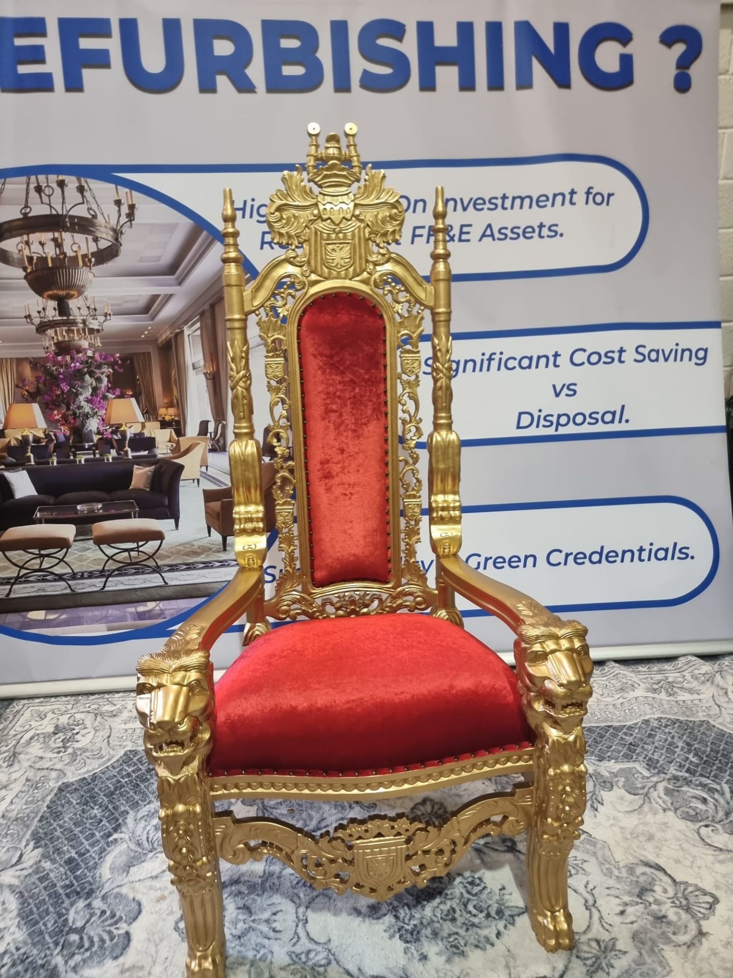 Handmade Mahogany Wood Painted Matt Gold Throne Chair Upholstered In A Pinned Red Velvet Exceptional - Image 7 of 18